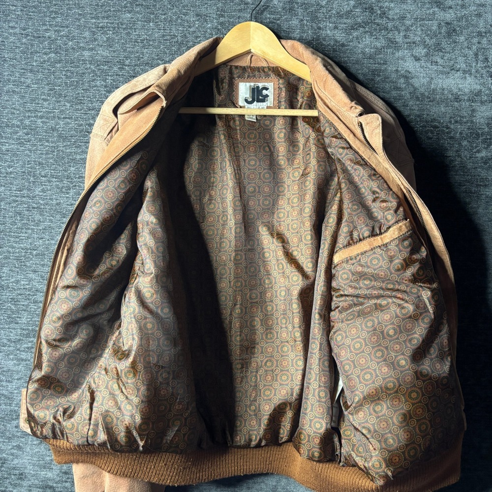 Vintage JLC Suede Leather Bomber Jacket Mens Large Brown Flight Coat Aviator - Picture 3 of 13